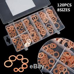 120Pc 8 Sizes Assorted Car Engine Copper Crush Washers Seal Gasket Flat Ring Set