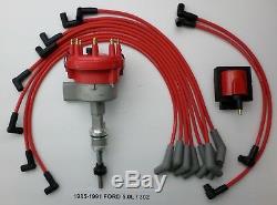 1985-1991 FORD 5.0L 302 EFI DISTRIBUTOR + 48k V COIL + RED SPARK PLUG WIRES USA