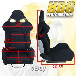 2X Racing Black Cloth Bucket Racing Seats + Pair 4Pts Black Camlock Seatbelt Set