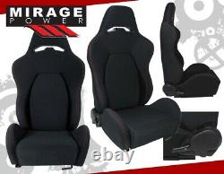 2X Universal Reclinable Racing Bucket Seats Automotive Car Black with Red Stitches