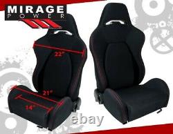 2X Universal Reclinable Racing Bucket Seats Automotive Car Black with Red Stitches
