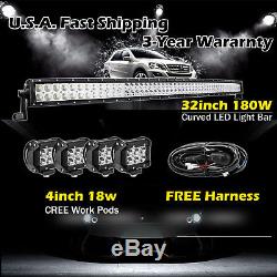 32inch LED Light Bar Curved + 4 CREE LED Work Pods Off road Truck Ford Jeep 30