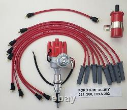 FORD 289 302 SMALL FEMALE HEI DISTRIBUTOR + COIL + 8.5mm RED SPARK PLUG WIRES