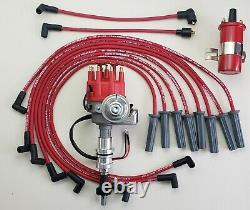 FORD 351C 429 460 SMALL CAP HEI DISTRIBUTOR + COIL + RED 8.5mm SPARK PLUG WIRES