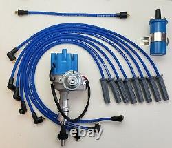 FORD 351C 429 460 SMALL FEMALE CAP HEI DISTRIBUTOR +COIL + BLUE 8.5mm PLUG WIRES