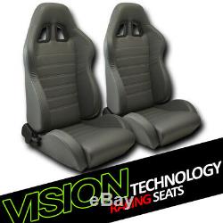 JDM SP Style Gray PVC Leather Reclinable Racing Bucket Seats withSliders Pair V10