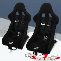 Pair Black Bucket Racing Sport Seats Jdm Red Accent + 2X 5Pt Seatbelt Harness