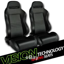 T-R Type Blk Stitch PVC Leather Reclinable Racing Bucket Seats withSliders L+R V10
