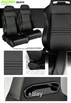 T-R Type Blk Stitch PVC Leather Reclinable Racing Bucket Seats withSliders L+R V10