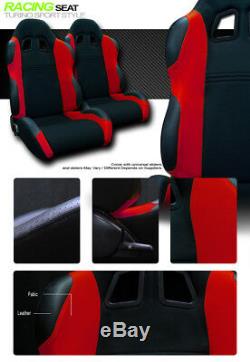 TS Sport Blk/Red Cloth Fabric Reclinable Racing Bucket Seats withSliders Pair V10