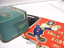 Vintage Ford Tin box lamp bulbs fuse + Take it easy promo license plate topper